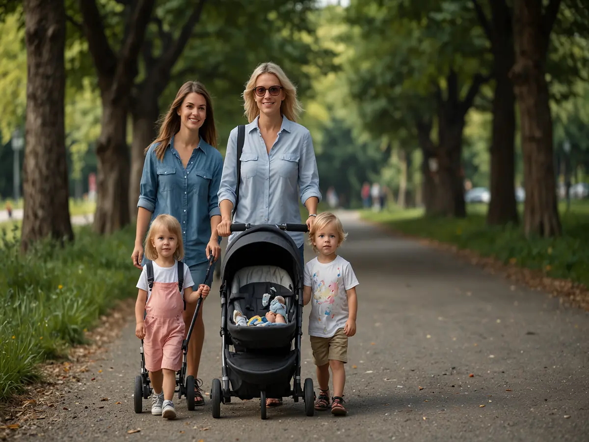 mamma che passeggia con i suoi bambini