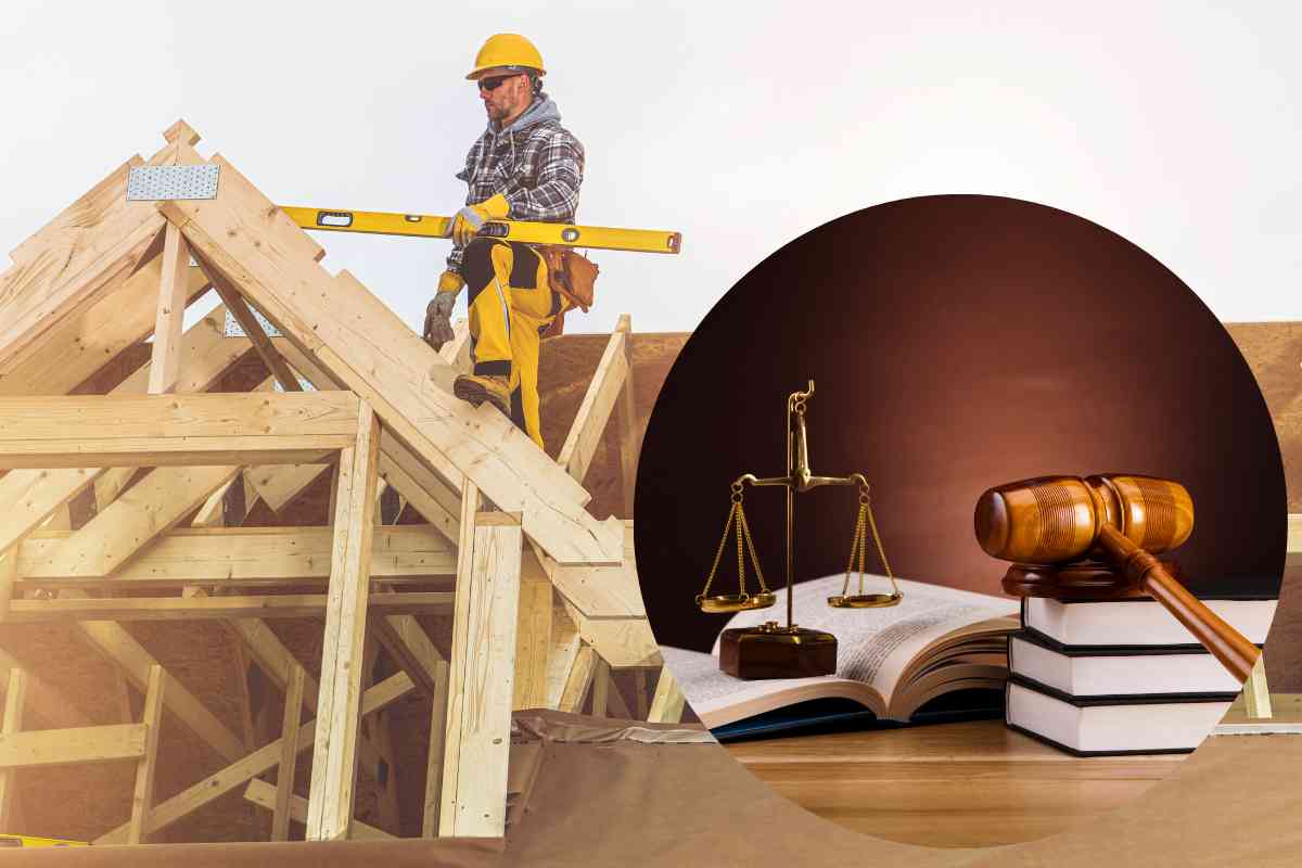 un uomo su una casa in costruzione e nel cerchio bilancia, martello e manuali di giurisprudenza