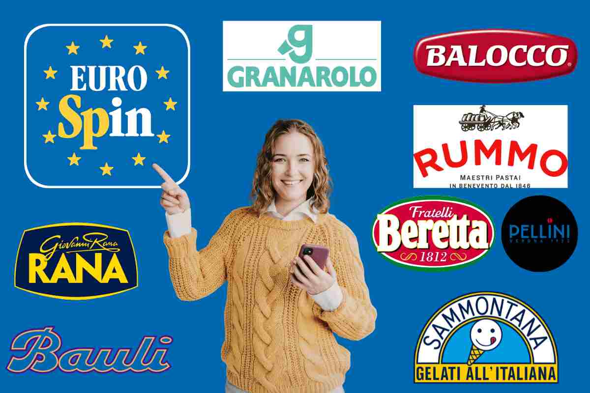 donna indica logo eurospin tra diversi marchi famosi italiani