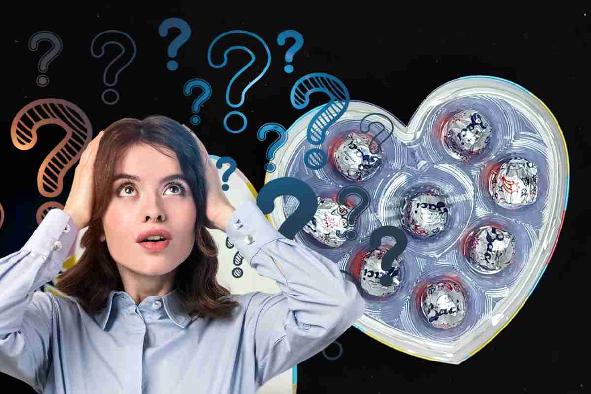 una donna con punti interrogativi e sullo sfondo baci perugina