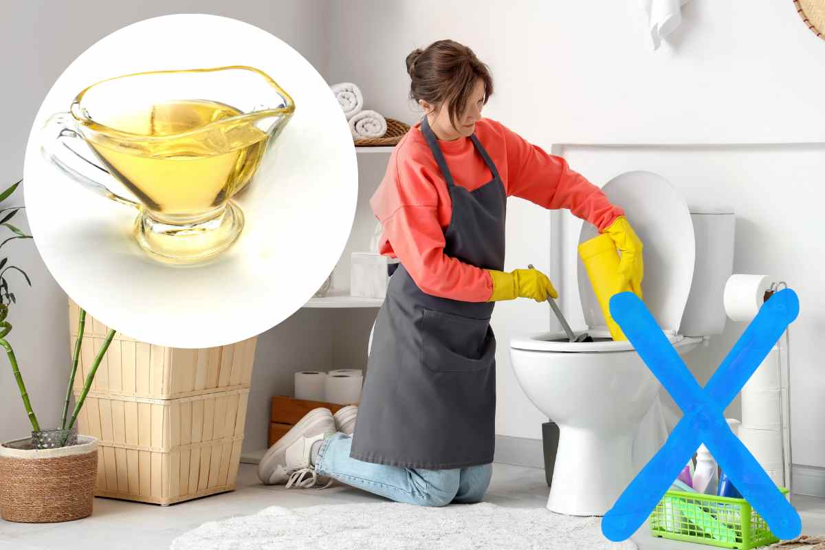 donna pulisce il bagno e nel cerchio aceto bianco