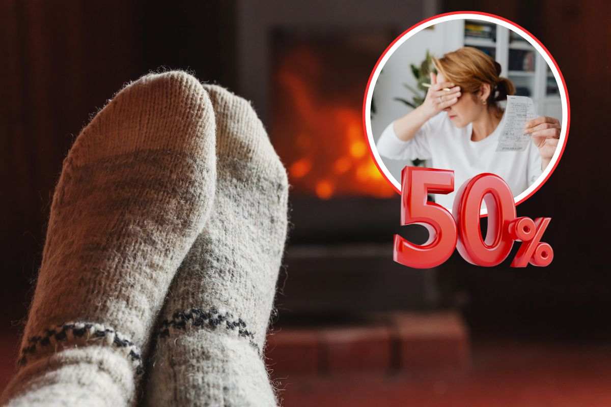 donna che riscalda piedi vicino ad una stufa, una donna preoccupata che legge una bolletta e percentuale di sconto del 50%