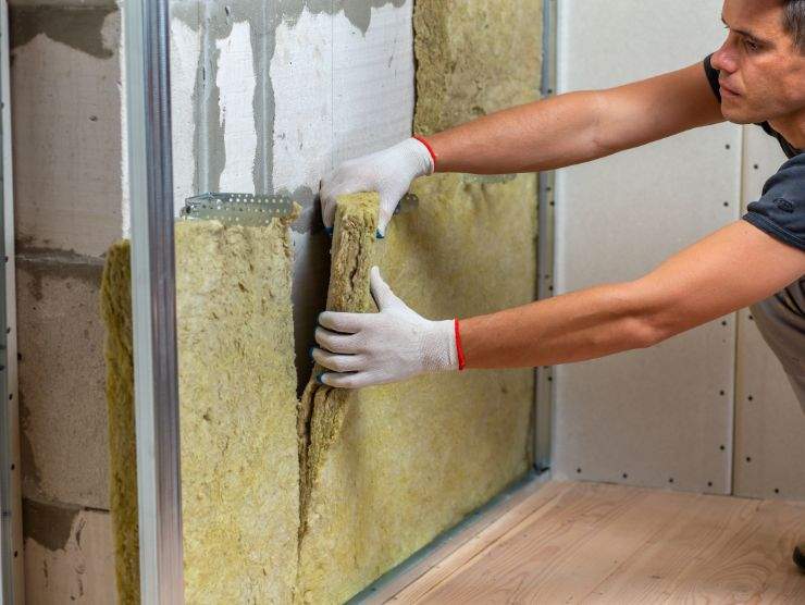 uomo che sta isolando una parete interna di casa