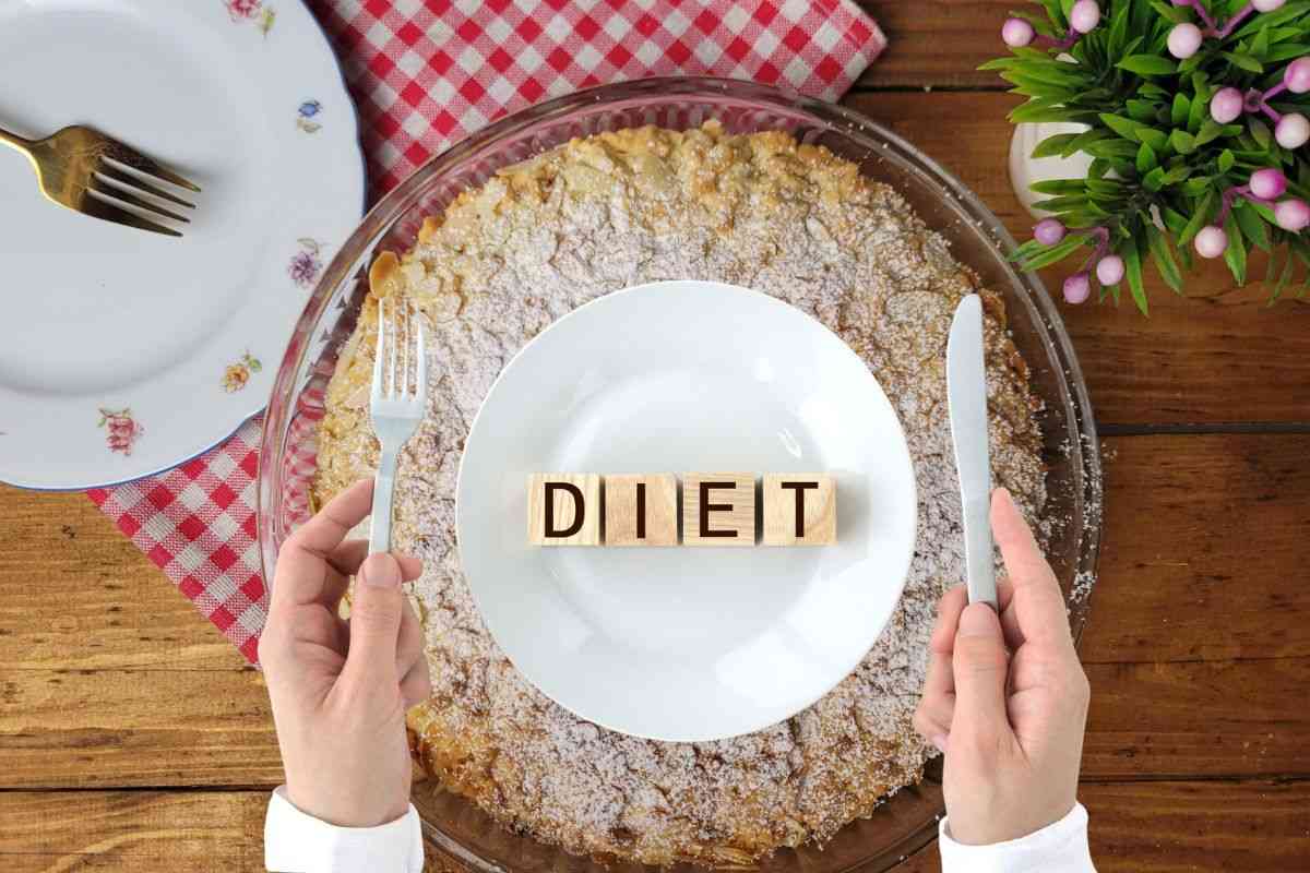 immagine di una torta e scritta dieta tra due mani che mantengono coltello e forchetta