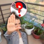 balcone con piante, punto interrogativo su insetto forbice e donna che fa stop con le mani