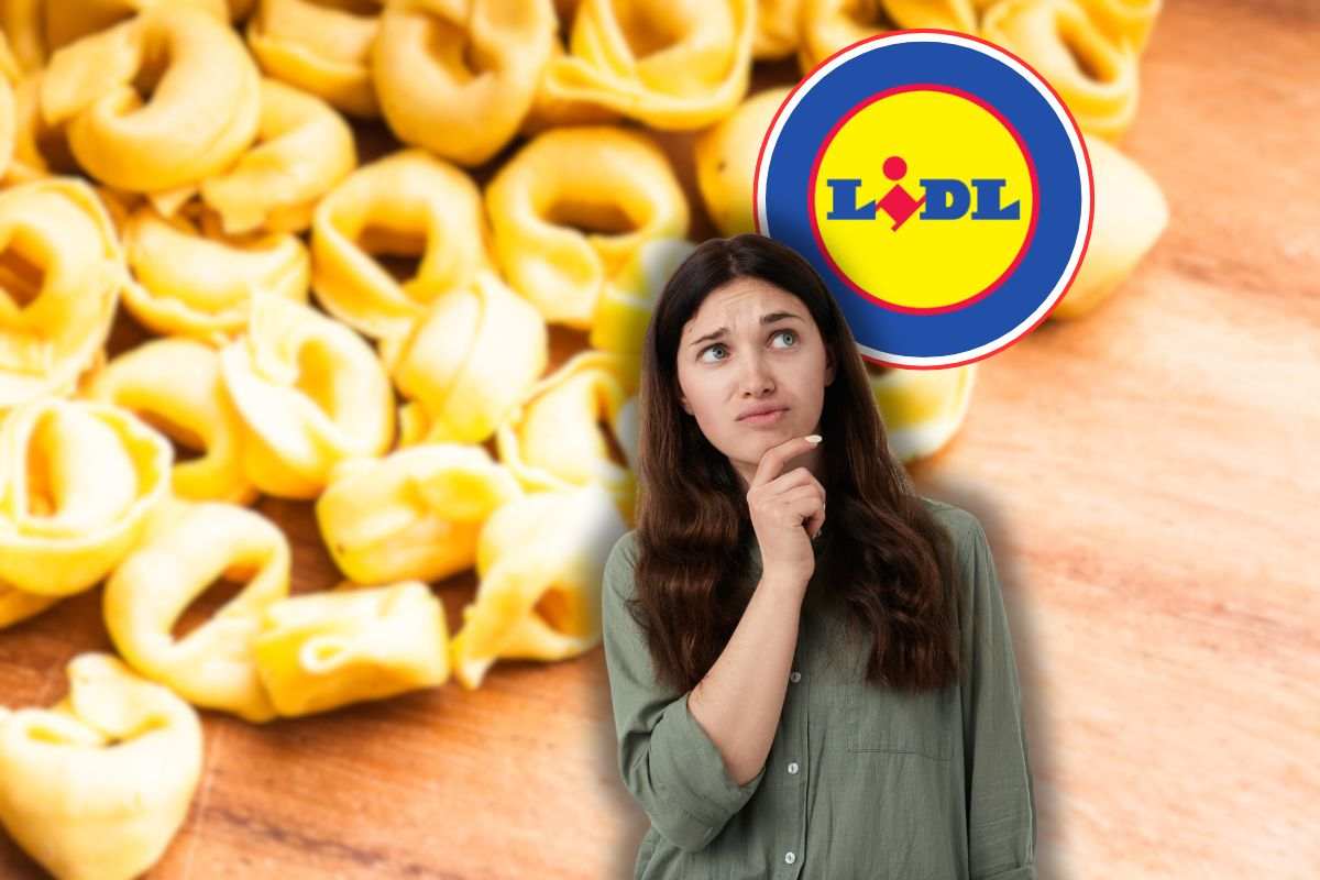 tortellini, logo lidl e donna che pensa