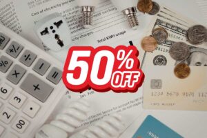 diverse bollette e percentuale di sconto del 50%